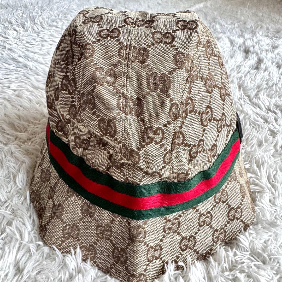 未使用タグ付き　グッチ　バケットハット　シェリーライン　プレート　GGキャンバス