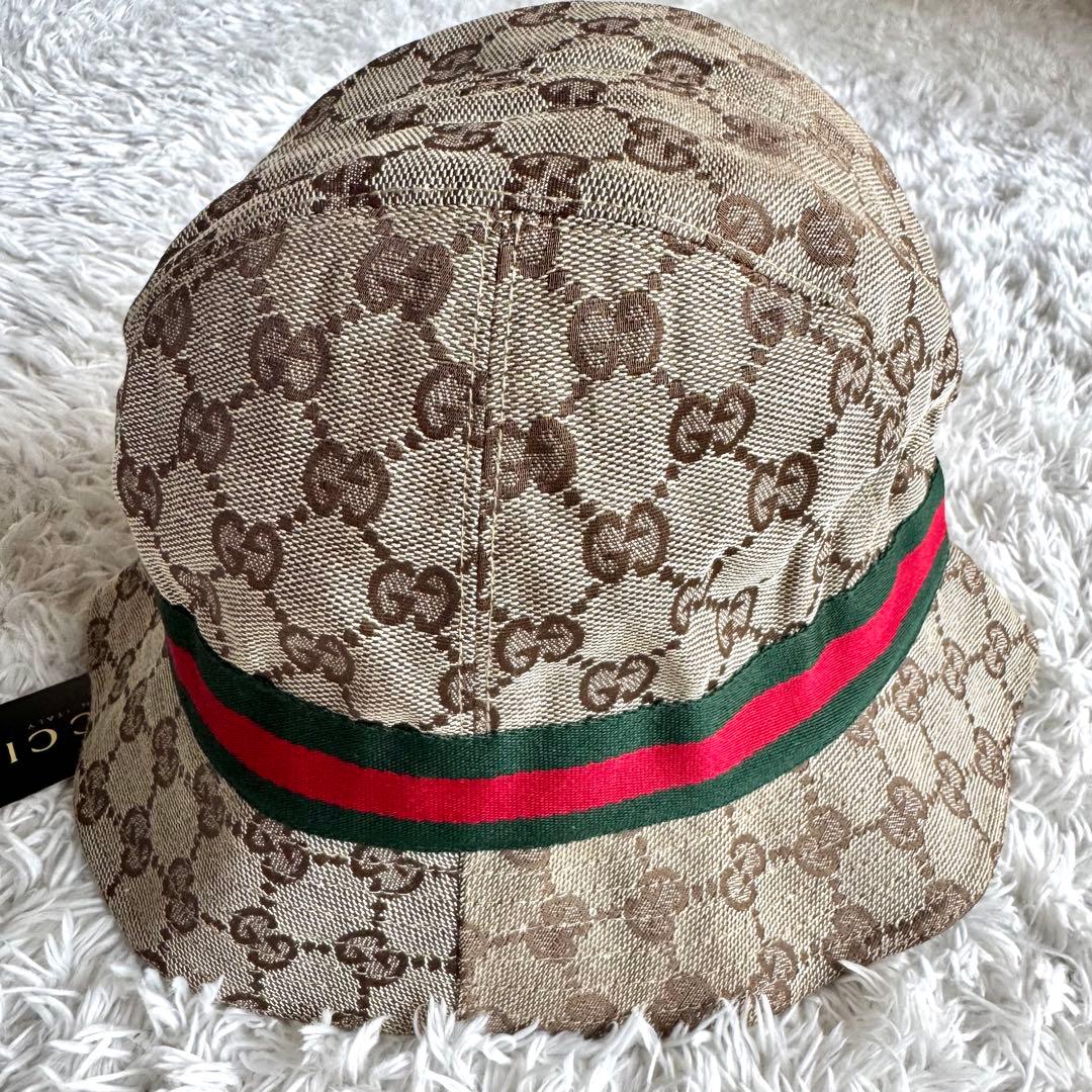 未使用タグ付き　グッチ　バケットハット　シェリーライン　プレート　GGキャンバス