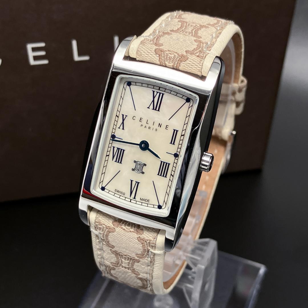 【美品/箱付き/稼働】セリーヌ マカダム シェル文字盤 腕時計 新品電池