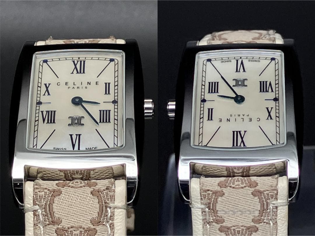【美品/箱付き/稼働】セリーヌ マカダム シェル文字盤 腕時計 新品電池