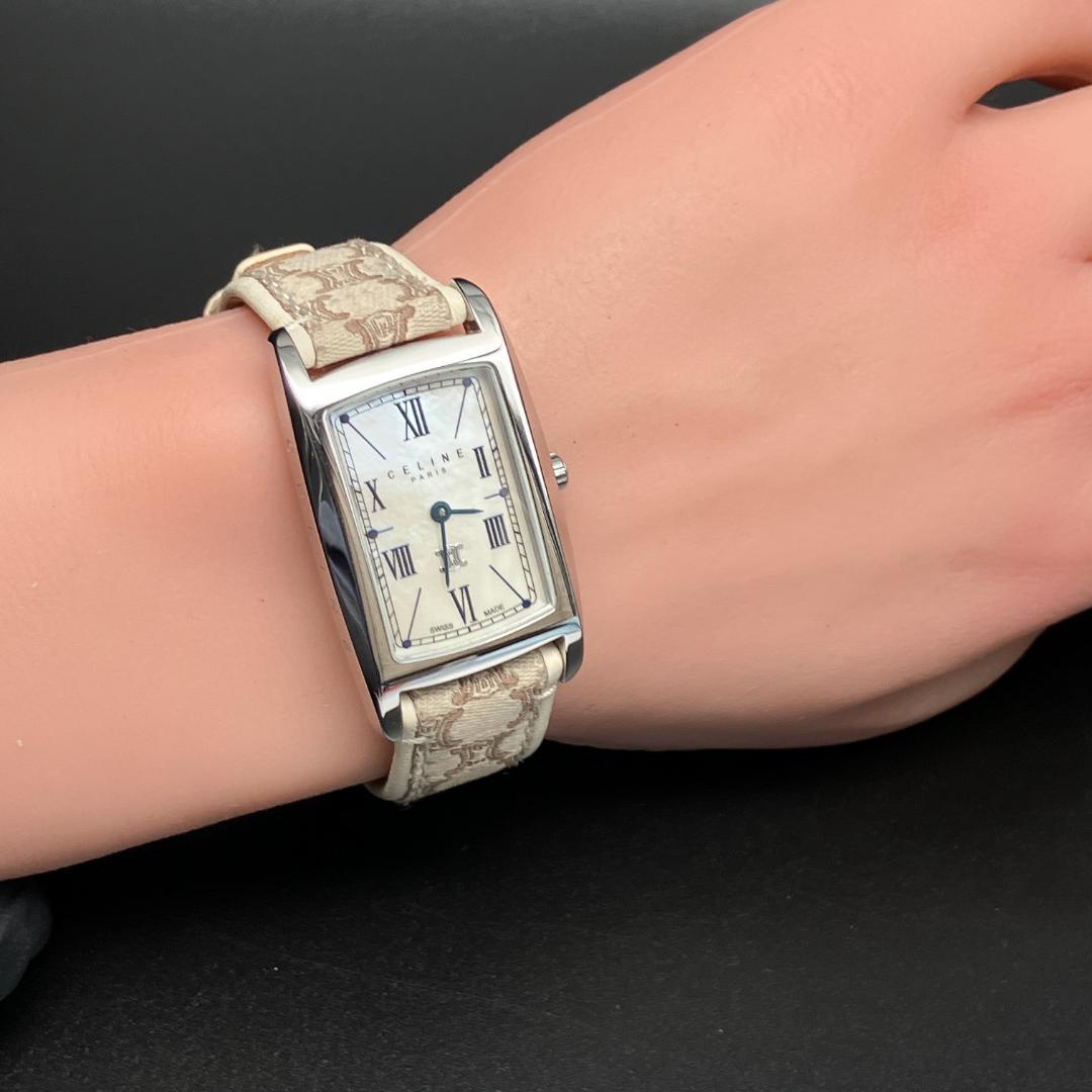 【美品/箱付き/稼働】セリーヌ マカダム シェル文字盤 腕時計 新品電池