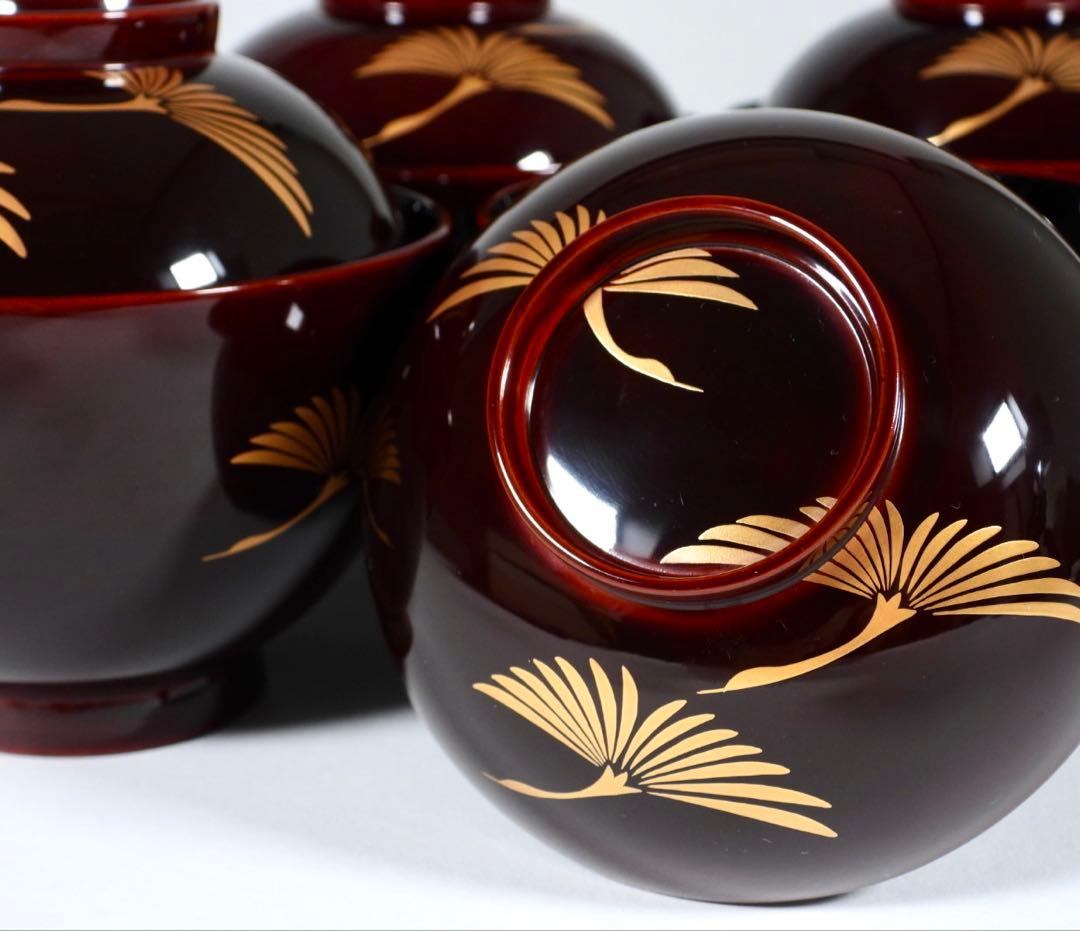 【らいおん】塗師 哲舟 蒔絵師 光峯 輪島屋本店造 輪島塗吸物椀 五客共箱