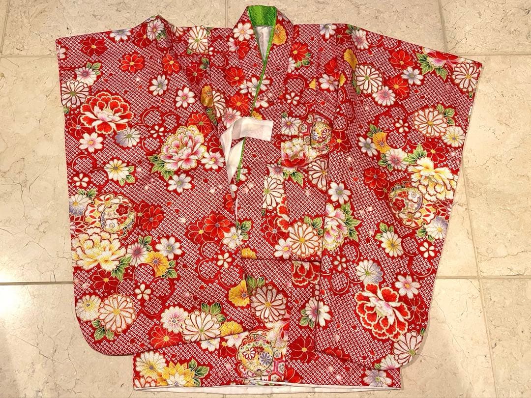七五三 3歳　被布着物　フルセット 赤花柄