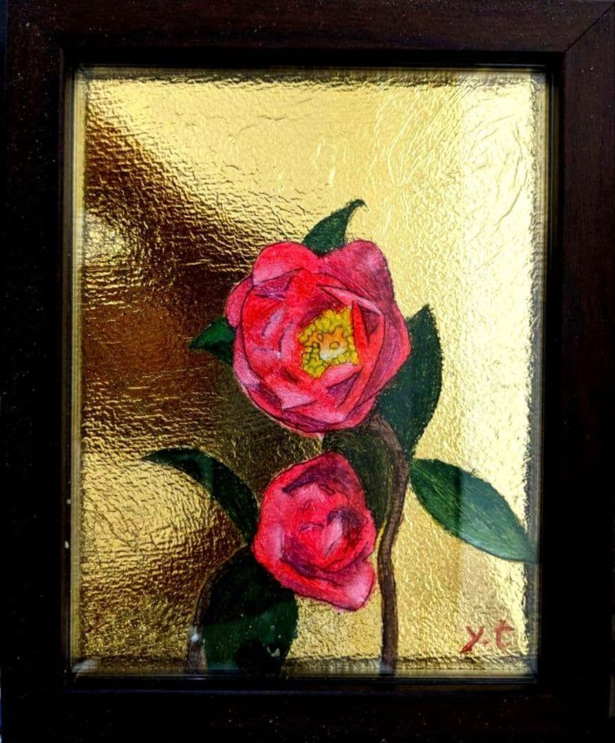 ユッコ。超美品！椿の花　金箔　油彩画