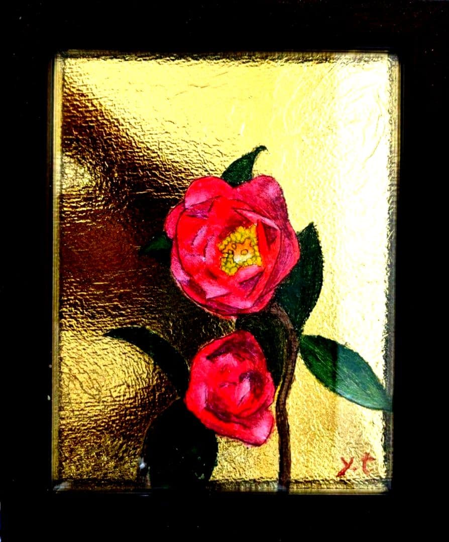 ユッコ。超美品！椿の花　金箔　油彩画