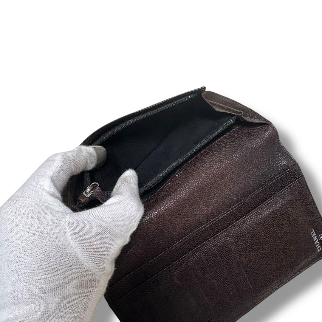 CHANEL シャネル キャビアスキン ワイルドステッチ 長財布 ダークブラウン