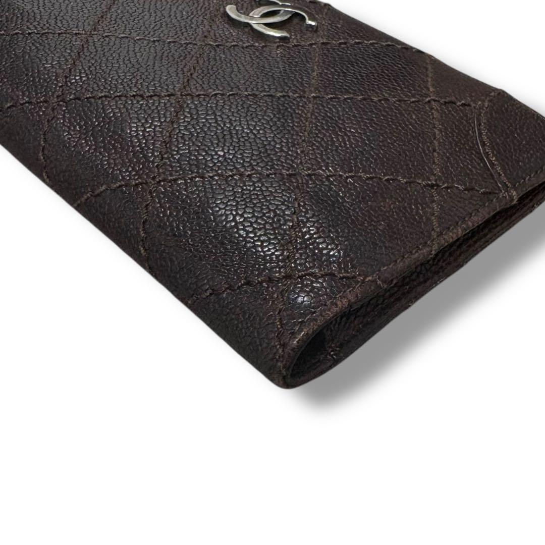 CHANEL シャネル キャビアスキン ワイルドステッチ 長財布 ダークブラウン
