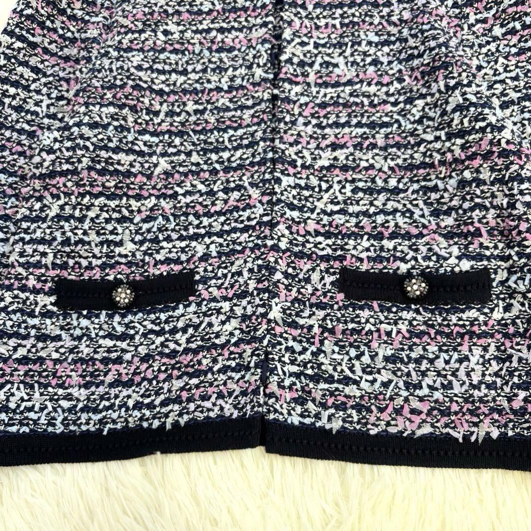 美品　トゥービーシック ツイード ノーカラージャケット 42 ネイビー系ミックス