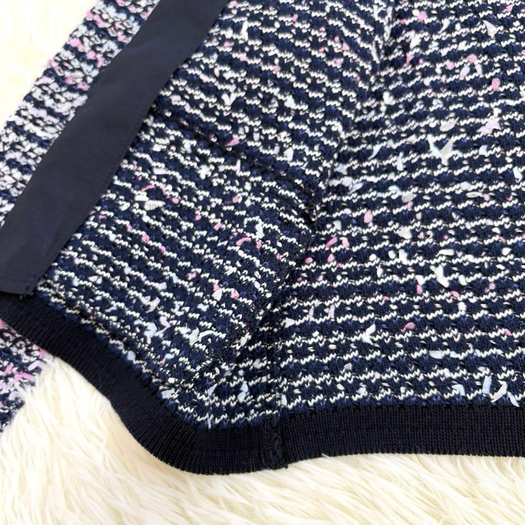 美品　トゥービーシック ツイード ノーカラージャケット 42 ネイビー系ミックス