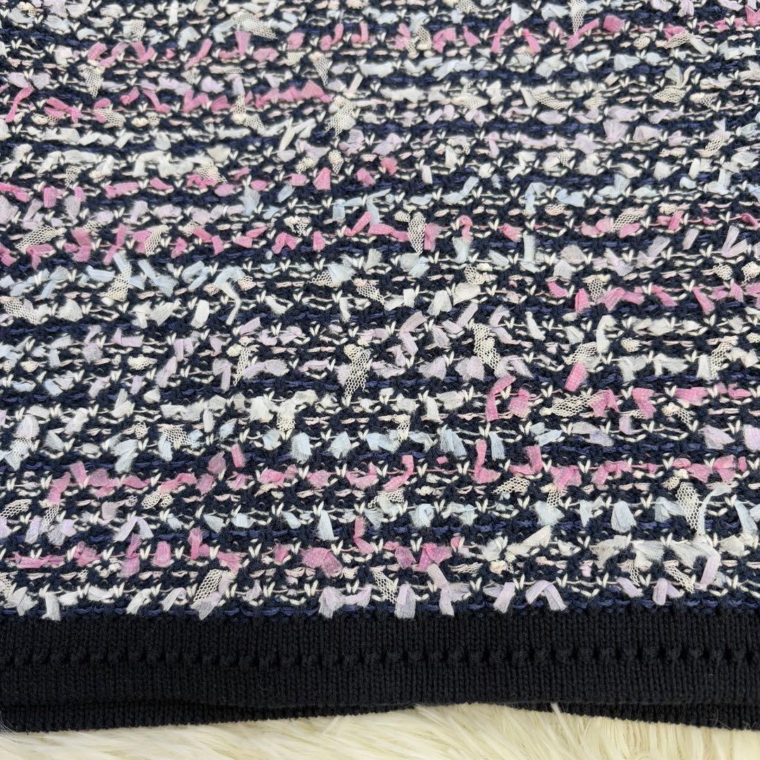 美品　トゥービーシック ツイード ノーカラージャケット 42 ネイビー系ミックス