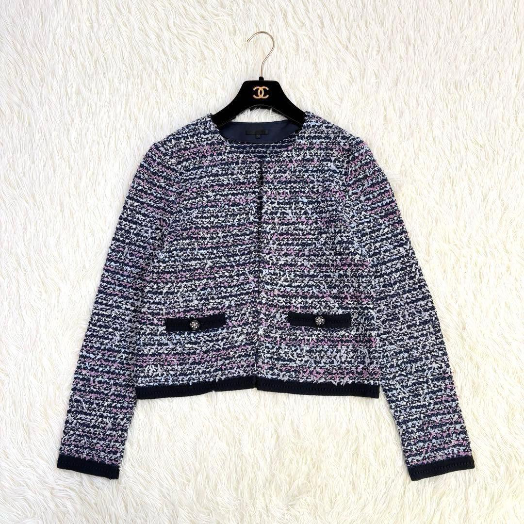 美品　トゥービーシック ツイード ノーカラージャケット 42 ネイビー系ミックス