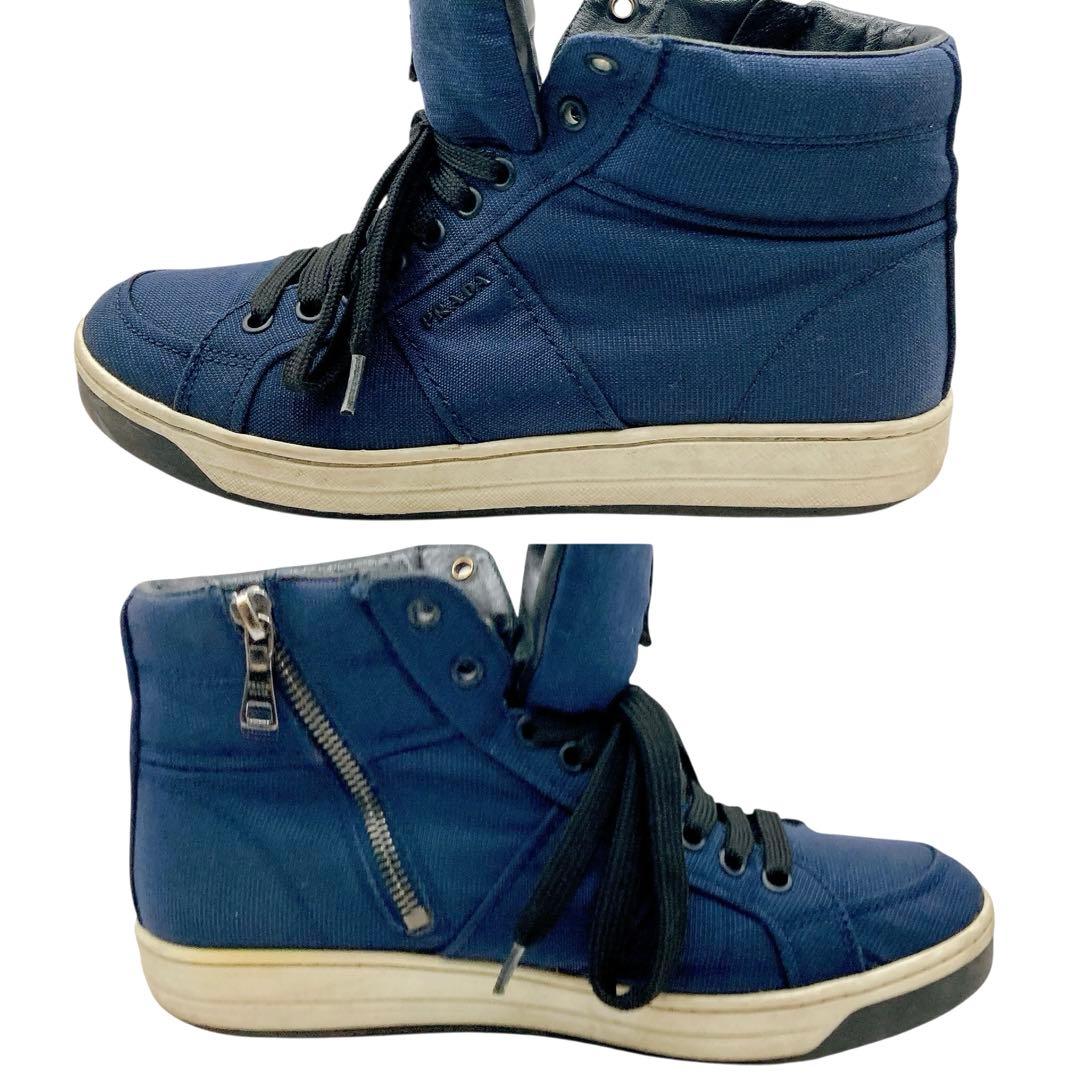 PRADA✨プラダ　スニーカー　ハイカット　サイドロゴ　ネイビー　約25.5cm