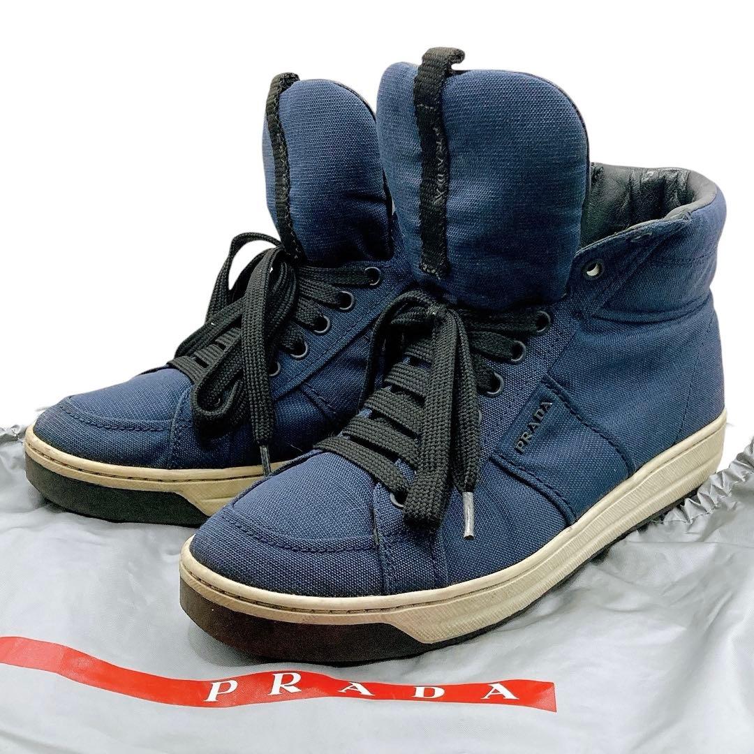 PRADA✨プラダ　スニーカー　ハイカット　サイドロゴ　ネイビー　約25.5cm