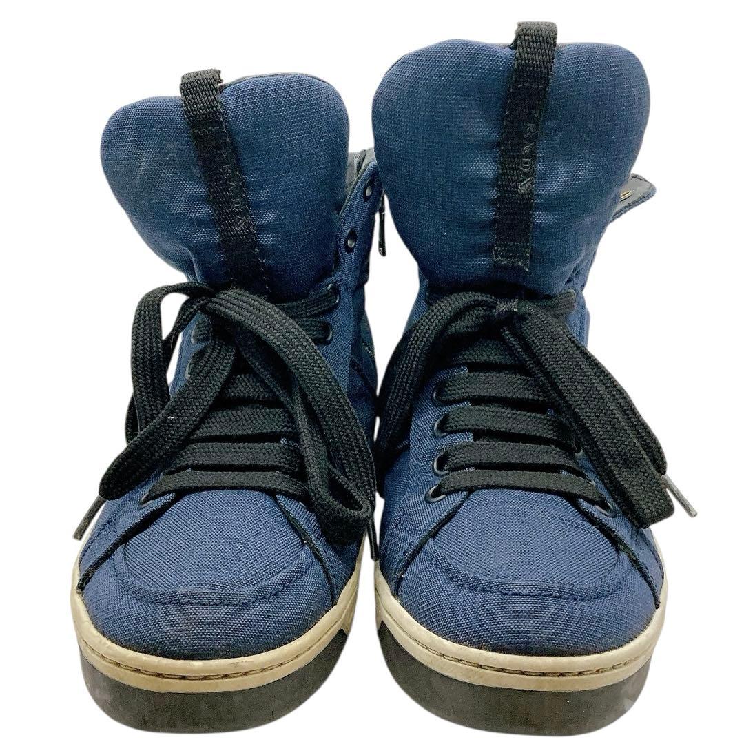 PRADA✨プラダ　スニーカー　ハイカット　サイドロゴ　ネイビー　約25.5cm