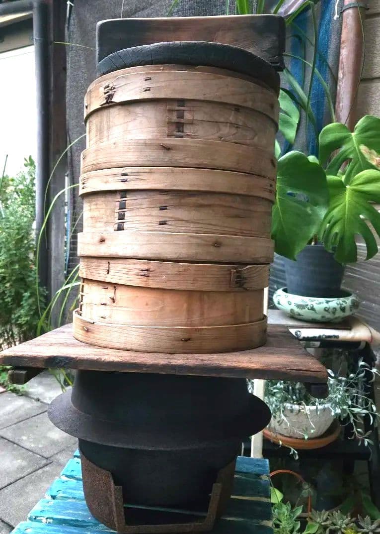 古民具 鉄製羽釜(蓋付き) ／ 和せいろ蒸し器 お餅つき用具