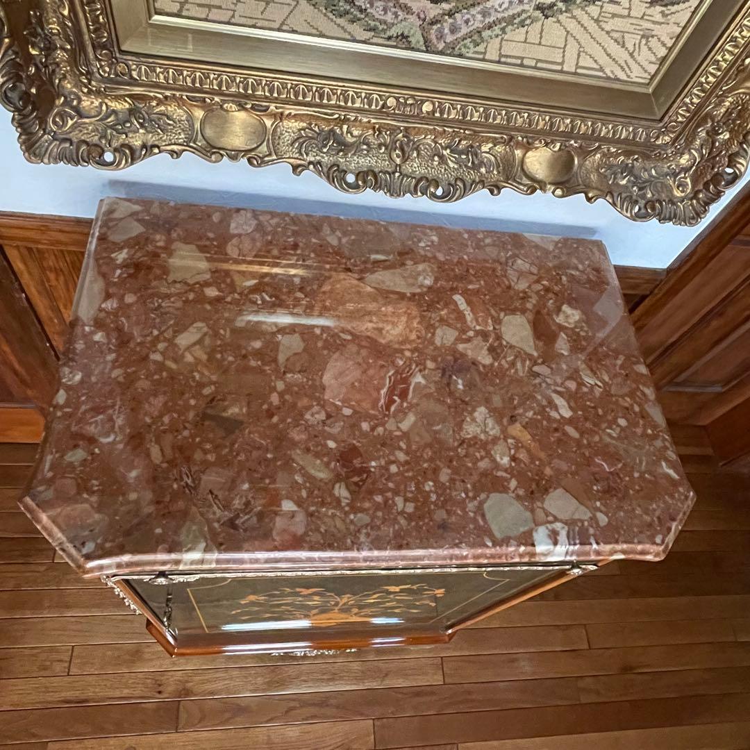 イタリア製 大理石天板 象嵌細工 キャビネット☆バーズアイ杢目 真鍮装飾☆引出付