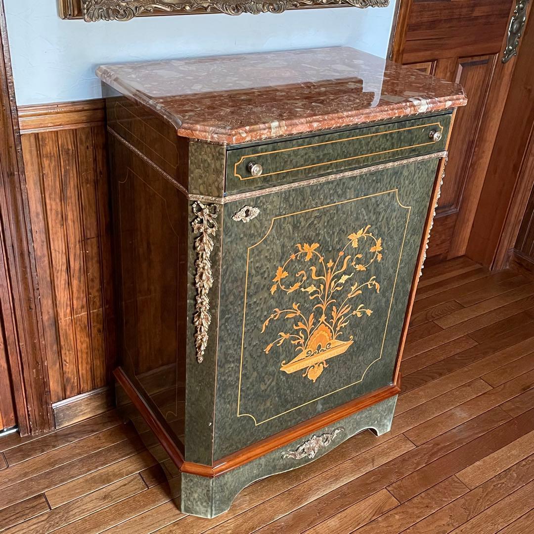 イタリア製 大理石天板 象嵌細工 キャビネット☆バーズアイ杢目 真鍮装飾☆引出付