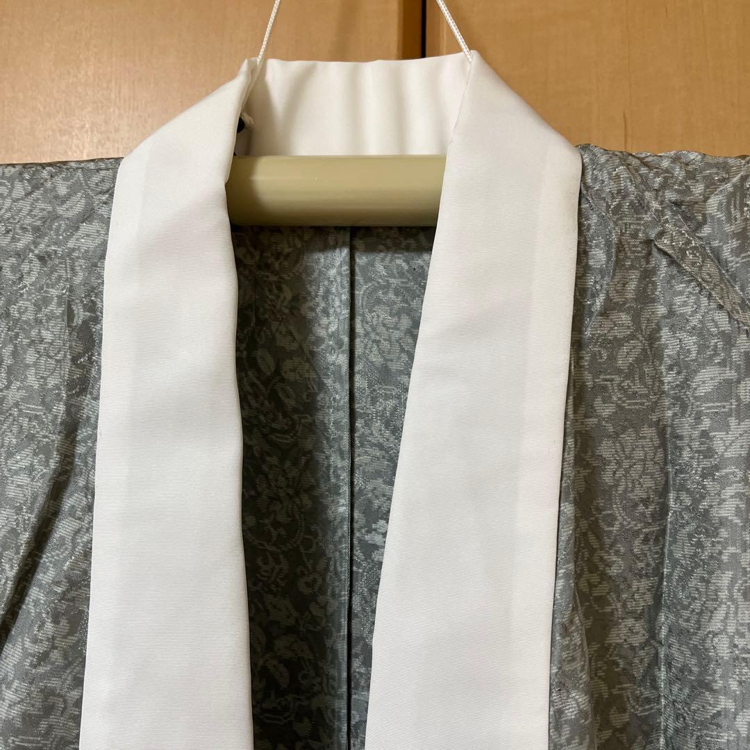 丹波縮緬　小紋 着物 ダークグレー 葉柄刺繍　長襦袢（着物と同サイズ）　セット