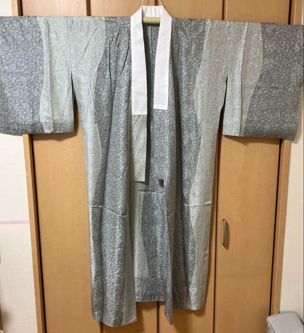 丹波縮緬　小紋 着物 ダークグレー 葉柄刺繍　長襦袢（着物と同サイズ）　セット