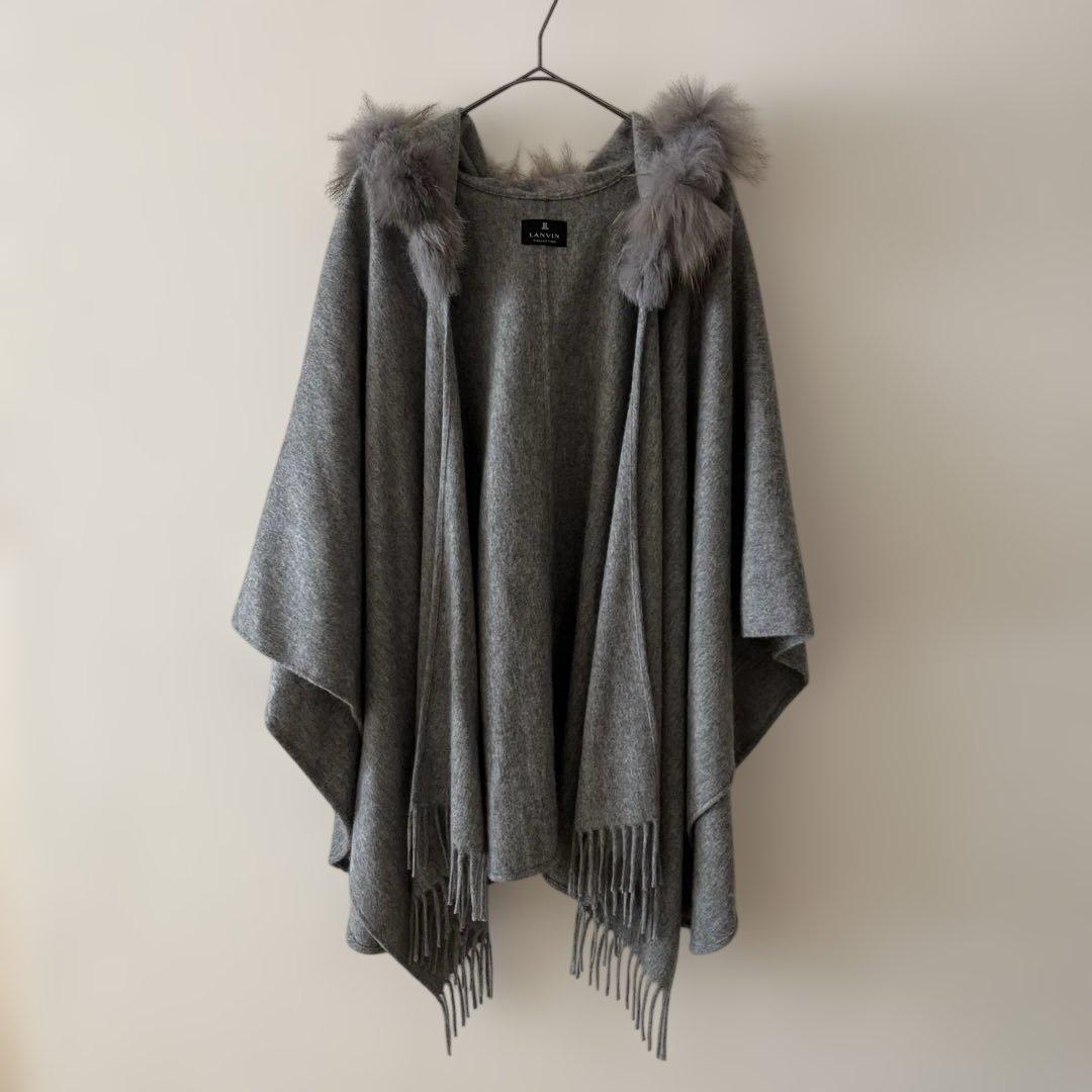 美品☆LANVIN ランバン 美品 フード付き ポンチョ ストール ライトグレー