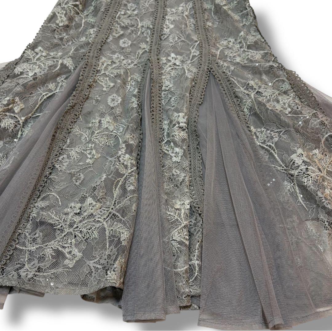 【Leja】美品 ラメ花柄刺繍ポイントレース加工チュールヘムワンピースドレス