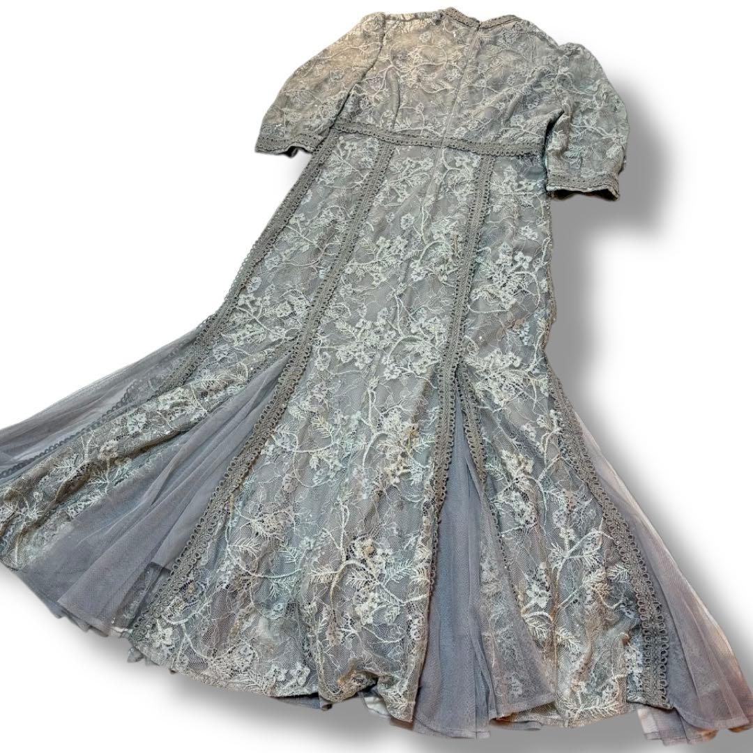 【Leja】美品 ラメ花柄刺繍ポイントレース加工チュールヘムワンピースドレス