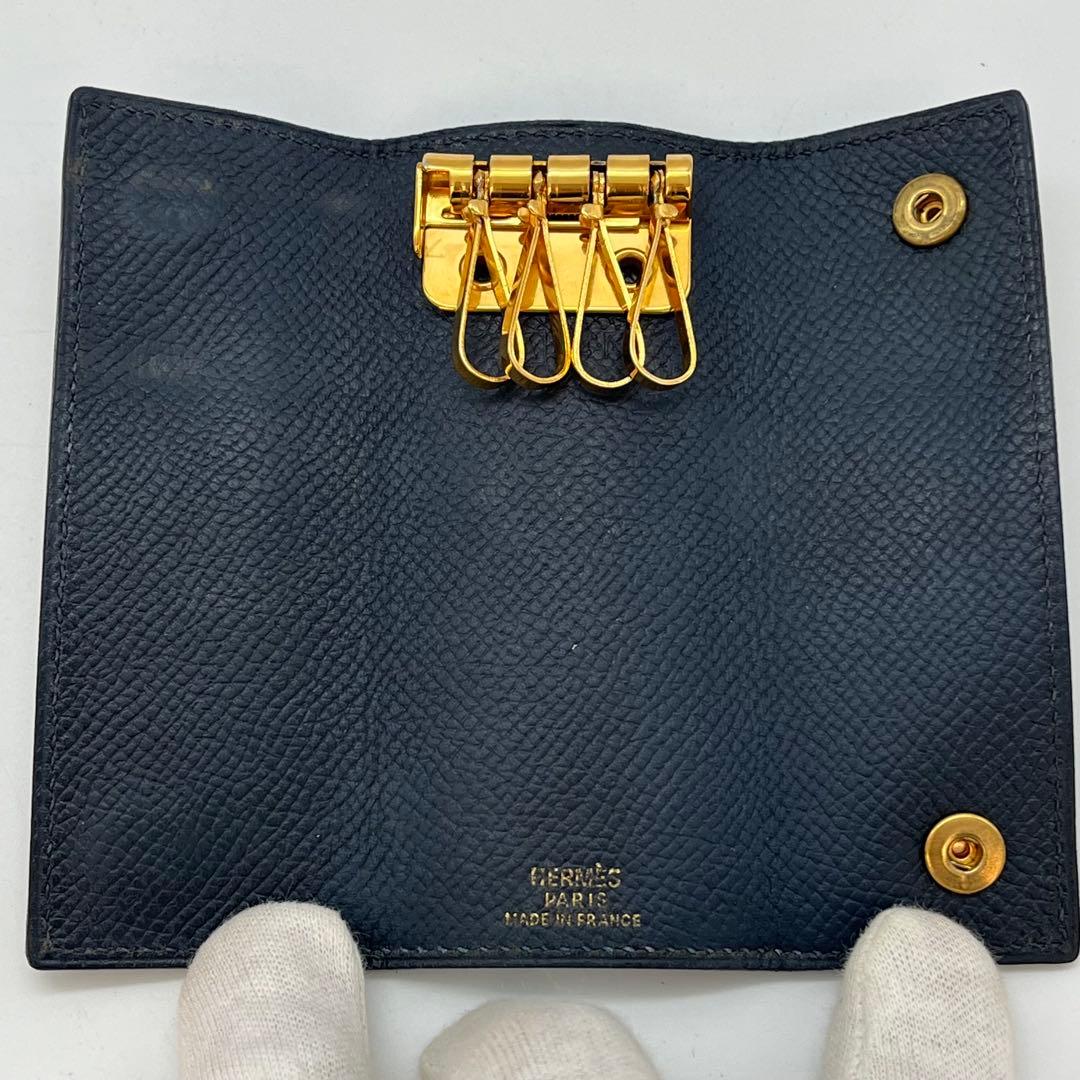 エルメス　キーケース　4連フック　ネイビー　⬜︎A 金ボタン　ヴォーエプソン