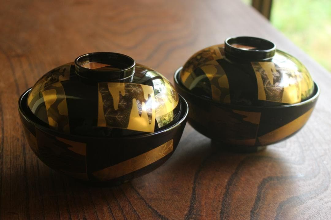 時代逸品！時代黒漆に極上短冊蒔絵の映えるお椀2点（検輪島塗蒔絵椀懐石椀