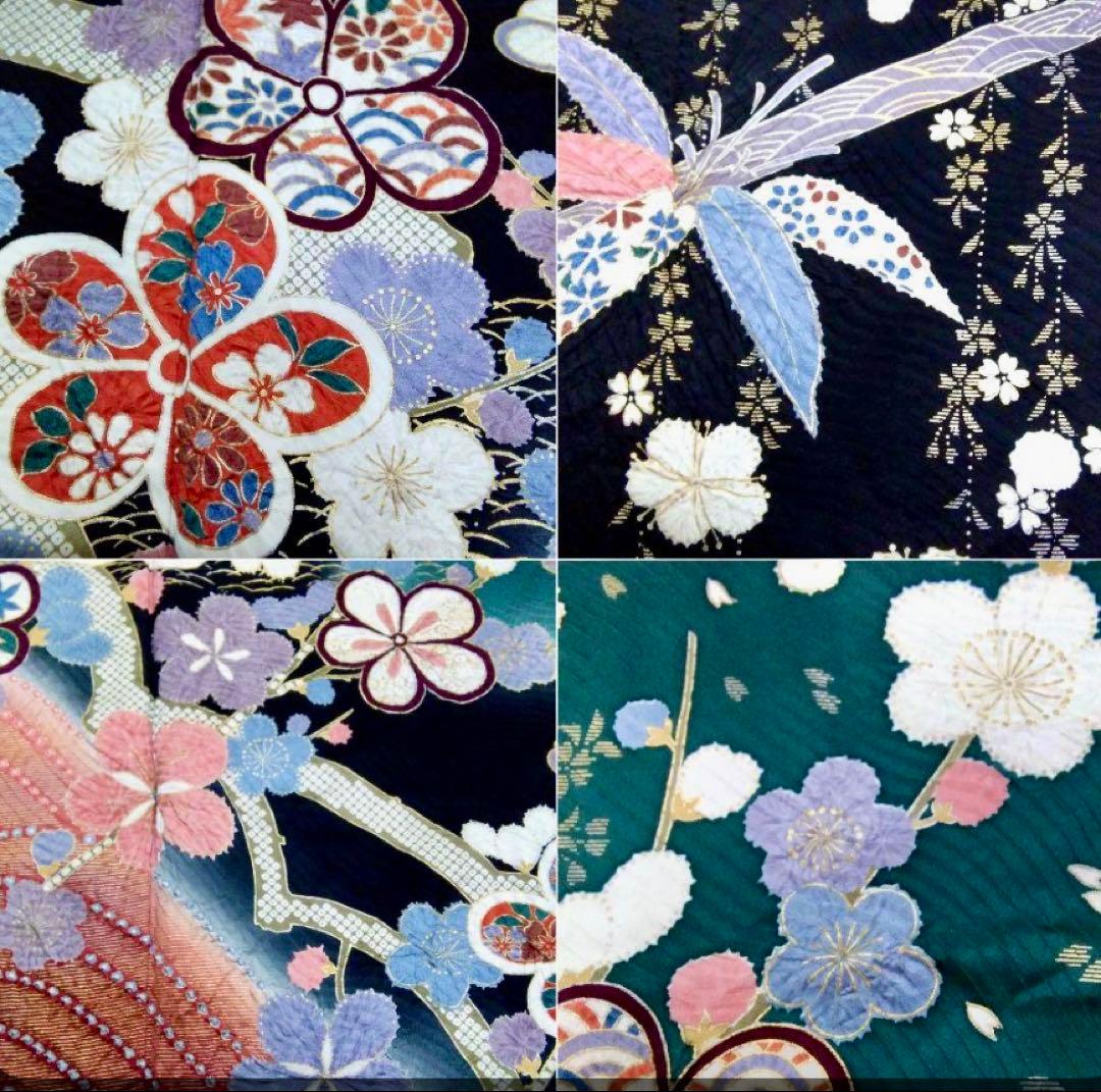 (期間限定値下中)訪問着 深緑　黒の染分け　花柄 竹模様 帯付き　2点セット