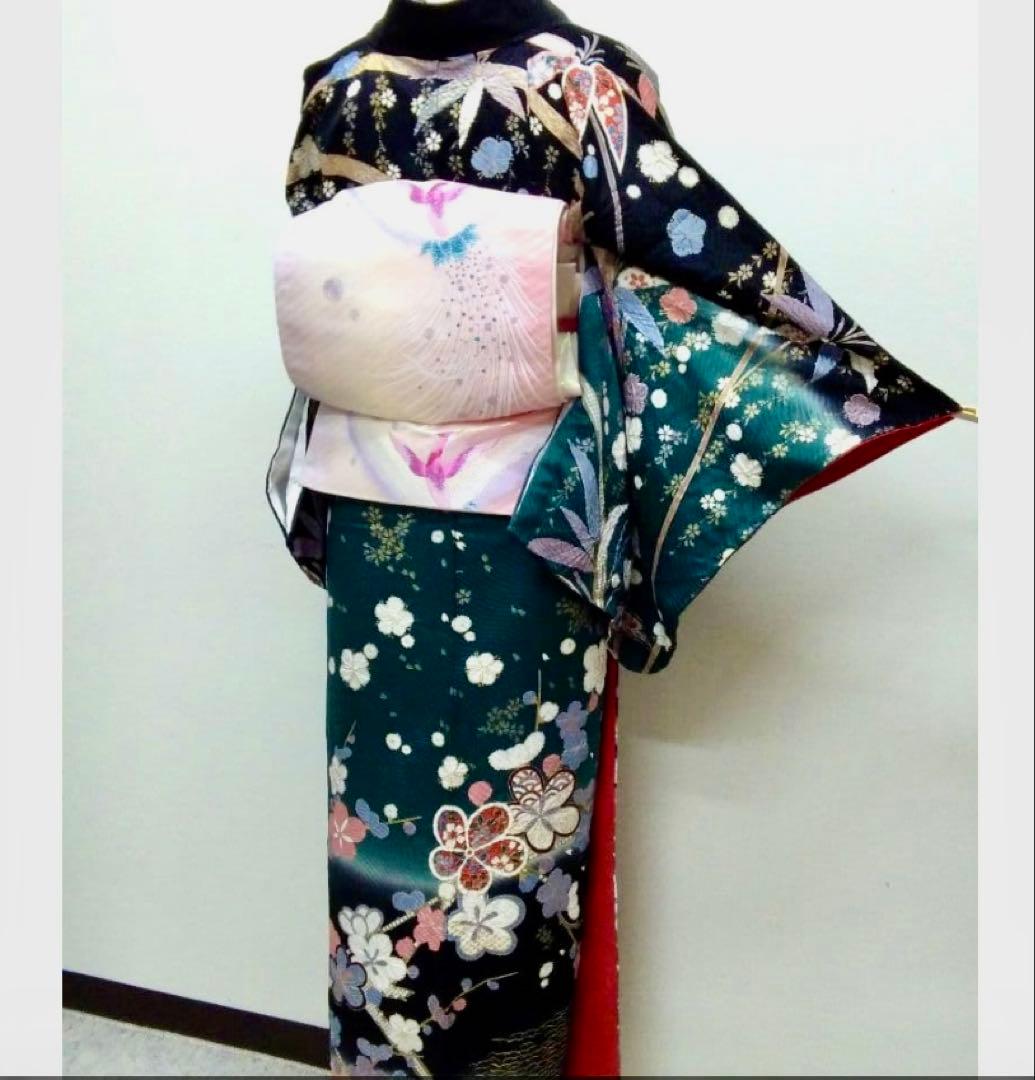 (期間限定値下中)訪問着 深緑　黒の染分け　花柄 竹模様 帯付き　2点セット