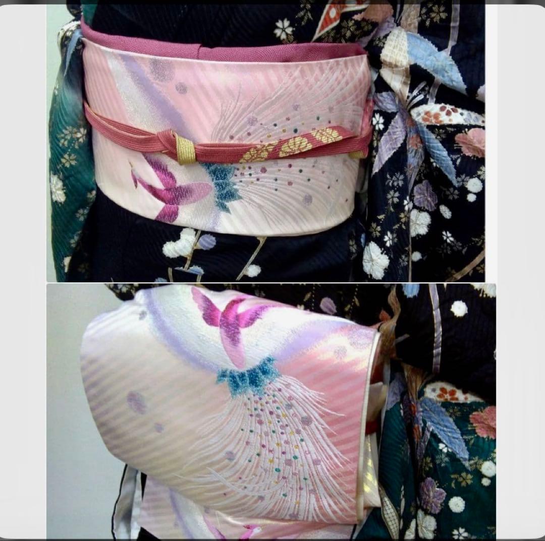 (期間限定値下中)訪問着 深緑　黒の染分け　花柄 竹模様 帯付き　2点セット