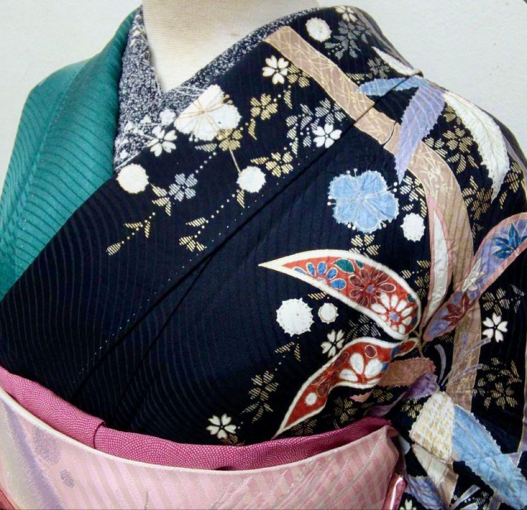 (期間限定値下中)訪問着 深緑　黒の染分け　花柄 竹模様 帯付き　2点セット