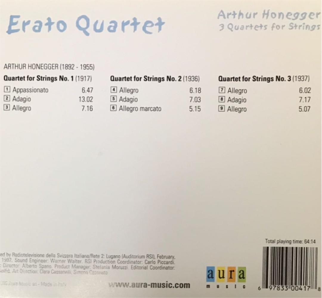 オネゲル 3 Quartets for Strings エラートカルテット