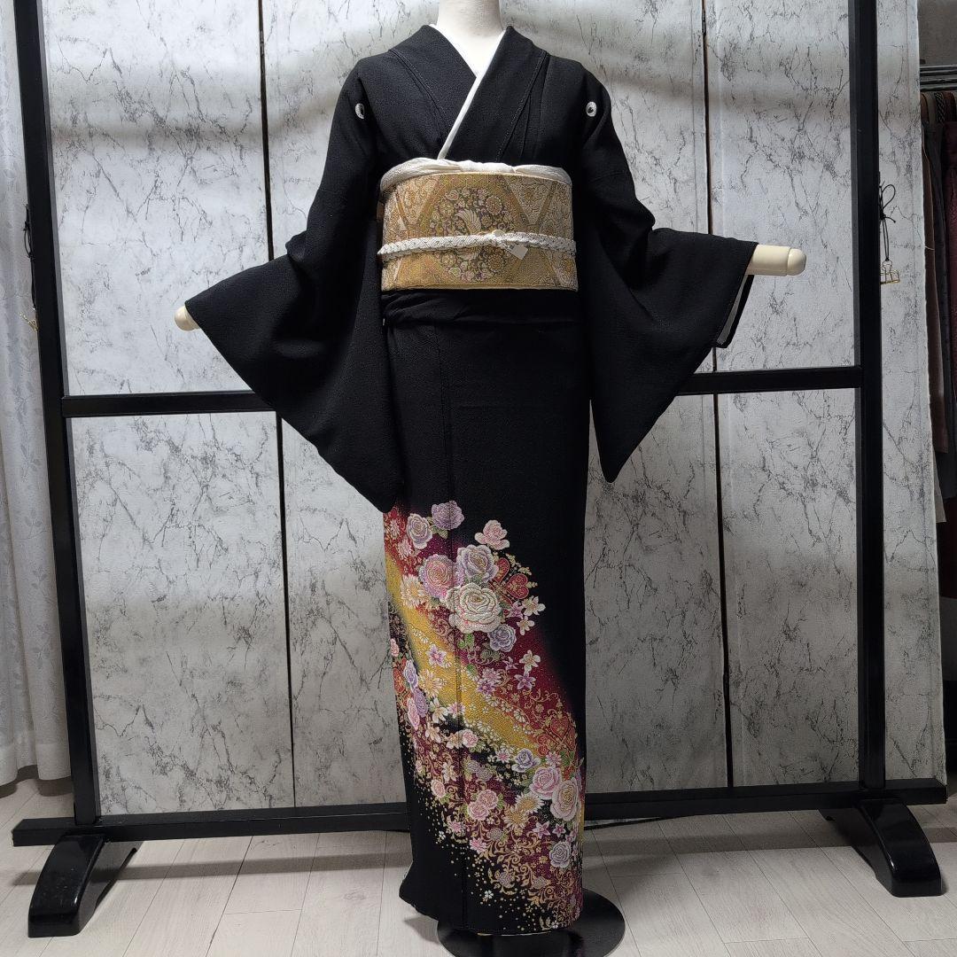 ＊you＊京都染織黒留め袖正絹豪華なお花柄同八掛けハジックガード付き4点