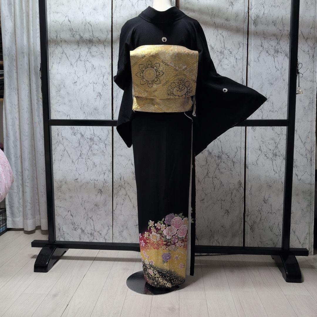 ＊you＊京都染織黒留め袖正絹豪華なお花柄同八掛けハジックガード付き4点