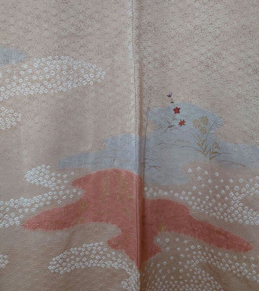 【美品】付下げ訪問着フルセット　正絹　袷　絞り　刺繍　流水草花文様　唐織六通袋帯