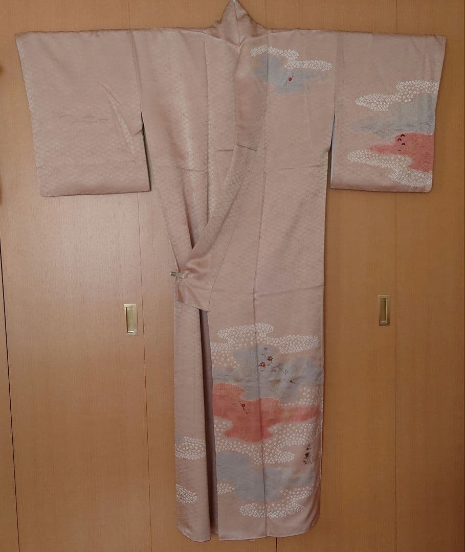 【美品】付下げ訪問着フルセット　正絹　袷　絞り　刺繍　流水草花文様　唐織六通袋帯