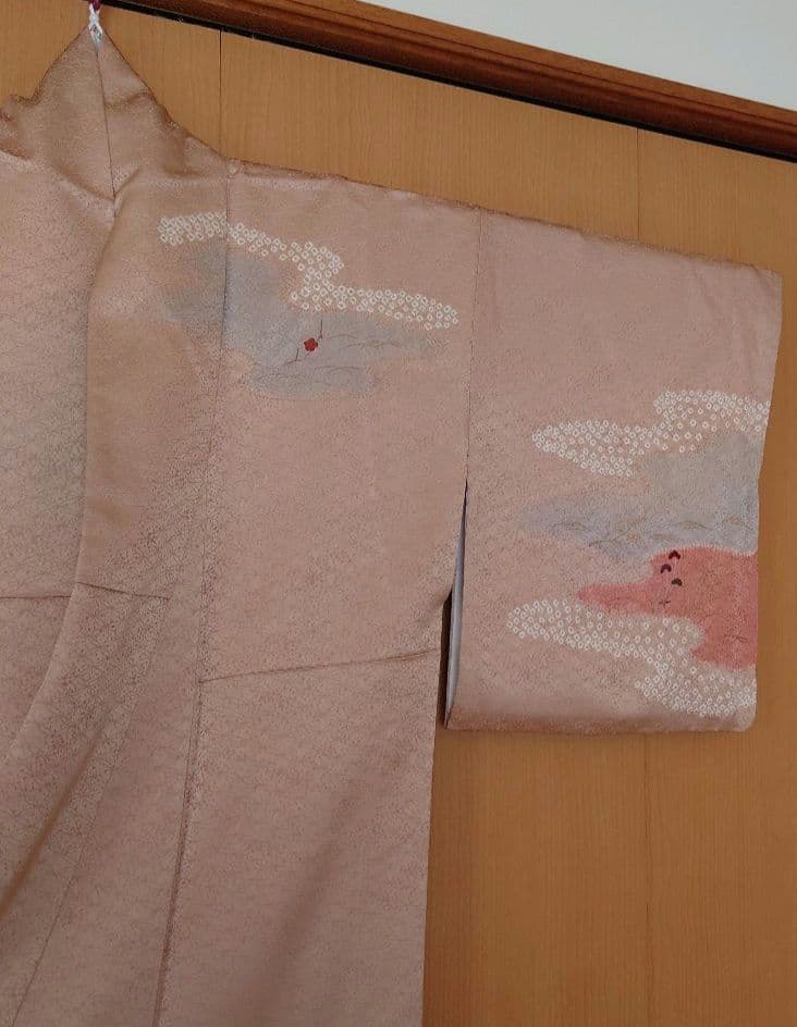 【美品】付下げ訪問着フルセット　正絹　袷　絞り　刺繍　流水草花文様　唐織六通袋帯