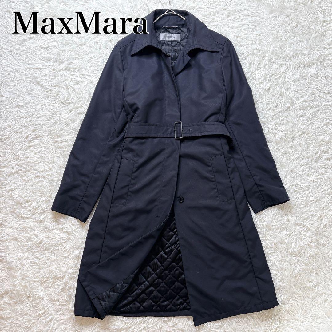 美品 Max Mara ベルテッド ロングコート キルティング L ブラック