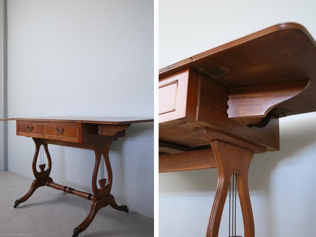 英国アンティーク木製ドロップリーフソファテーブル/折畳式机バタフライ(89-94