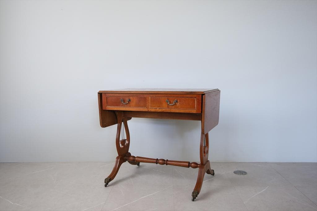 英国アンティーク木製ドロップリーフソファテーブル/折畳式机バタフライ(89-94