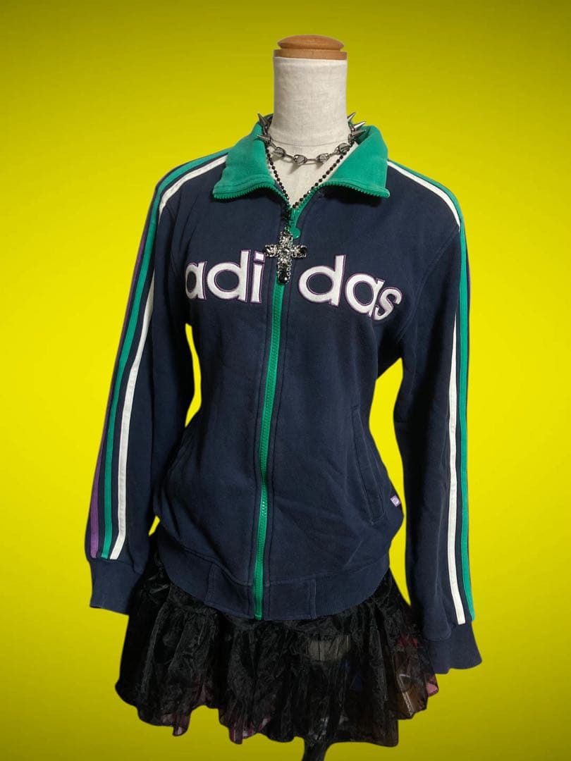 レアデザインadidas3本線 y2k綿トラックジャケットビックロゴグランジ平成