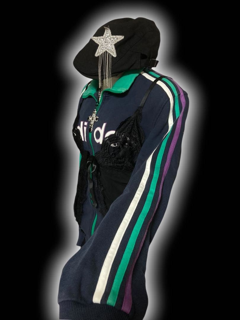 レアデザインadidas3本線 y2k綿トラックジャケットビックロゴグランジ平成