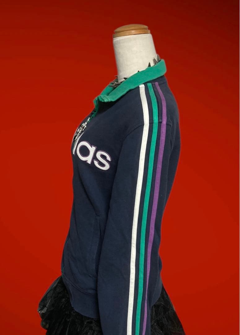 レアデザインadidas3本線 y2k綿トラックジャケットビックロゴグランジ平成