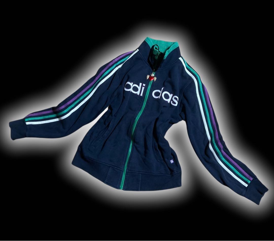 レアデザインadidas3本線 y2k綿トラックジャケットビックロゴグランジ平成