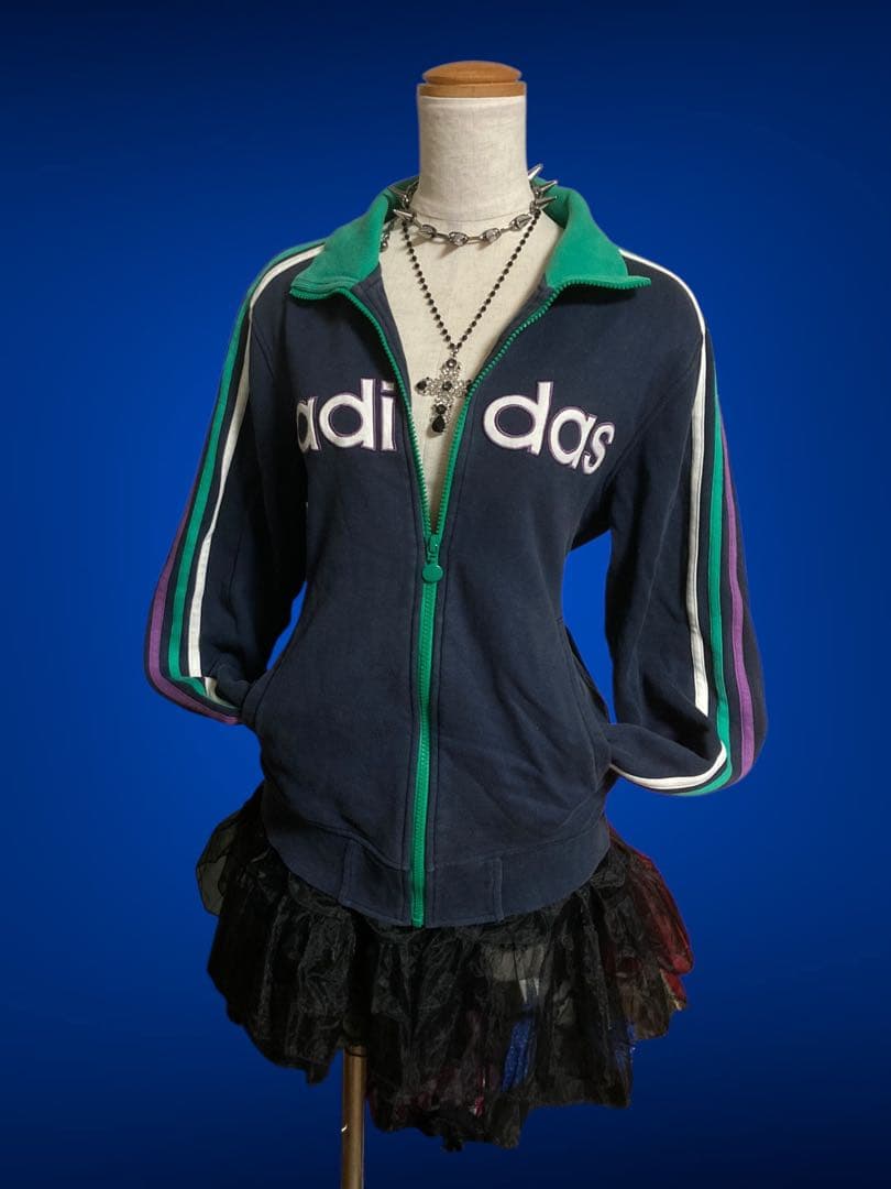レアデザインadidas3本線 y2k綿トラックジャケットビックロゴグランジ平成