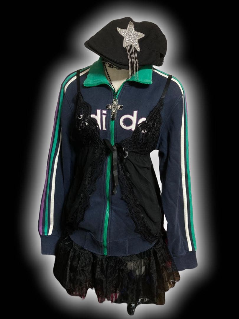 レアデザインadidas3本線 y2k綿トラックジャケットビックロゴグランジ平成