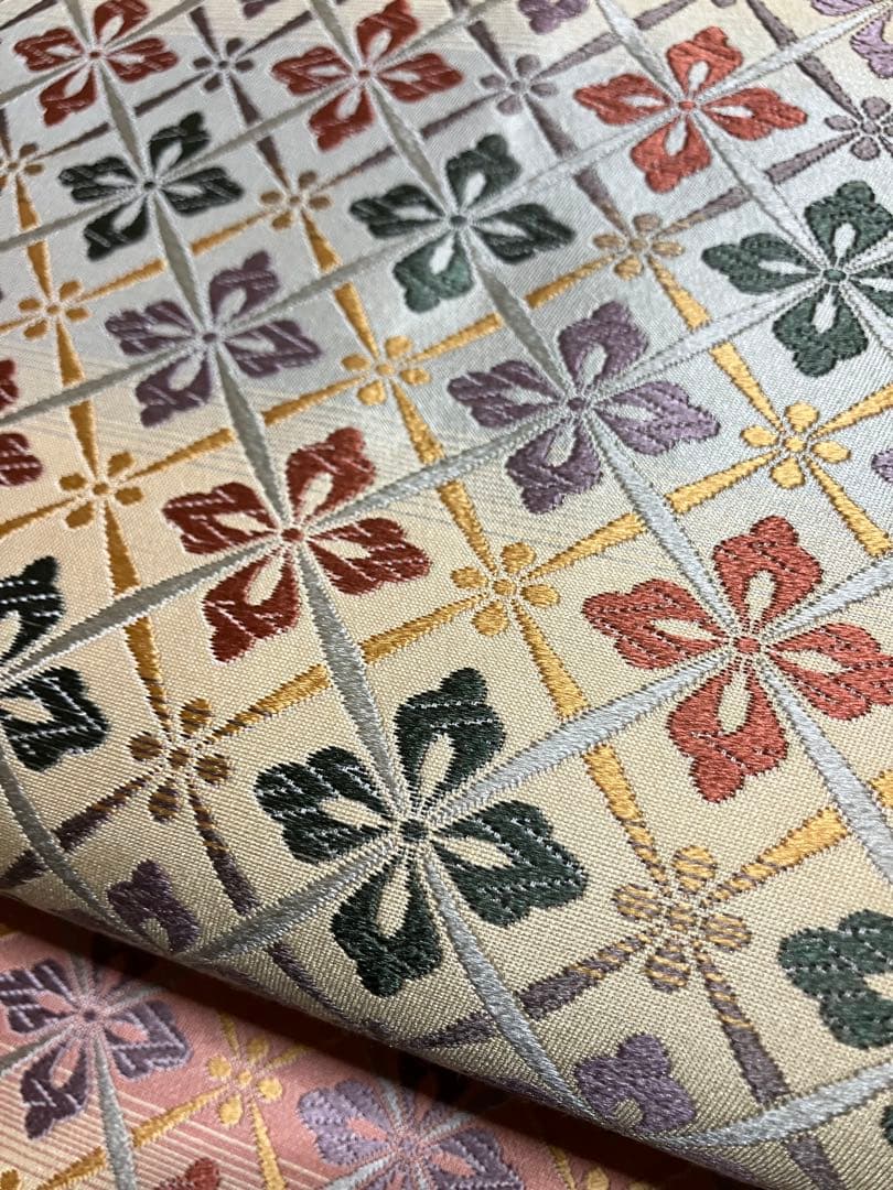 九寸名古屋帯 正絹 唐織 花菱 横段 未使用 イ6346