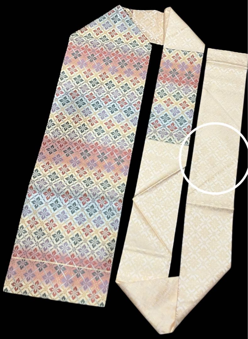 九寸名古屋帯 正絹 唐織 花菱 横段 未使用 イ6346