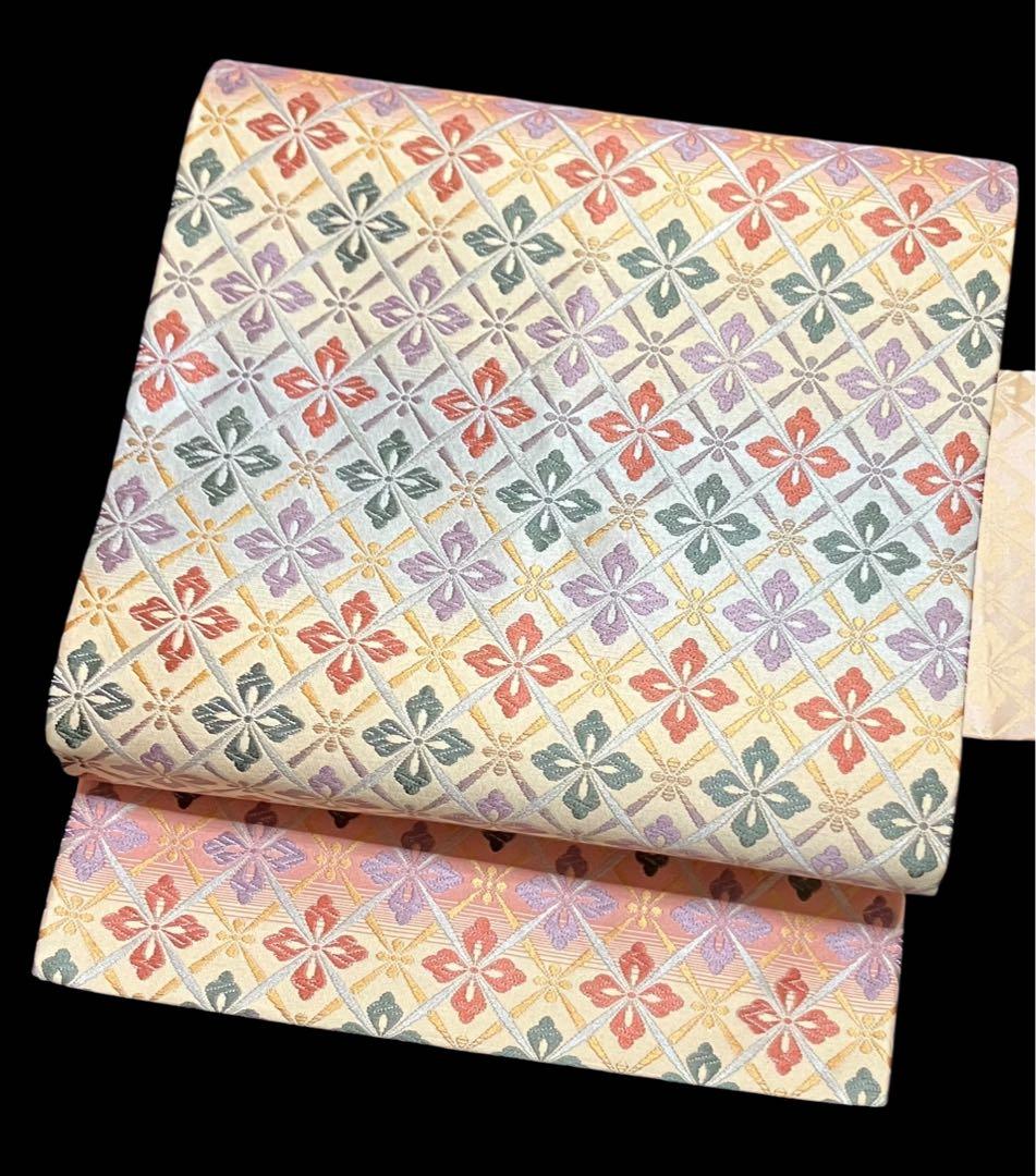 九寸名古屋帯 正絹 唐織 花菱 横段 未使用 イ6346